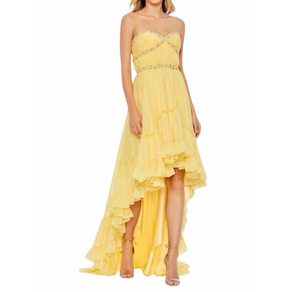 Mac Duggal Strapless Chiffon Hi Low Evening Gown Lemon Yellow Size 14